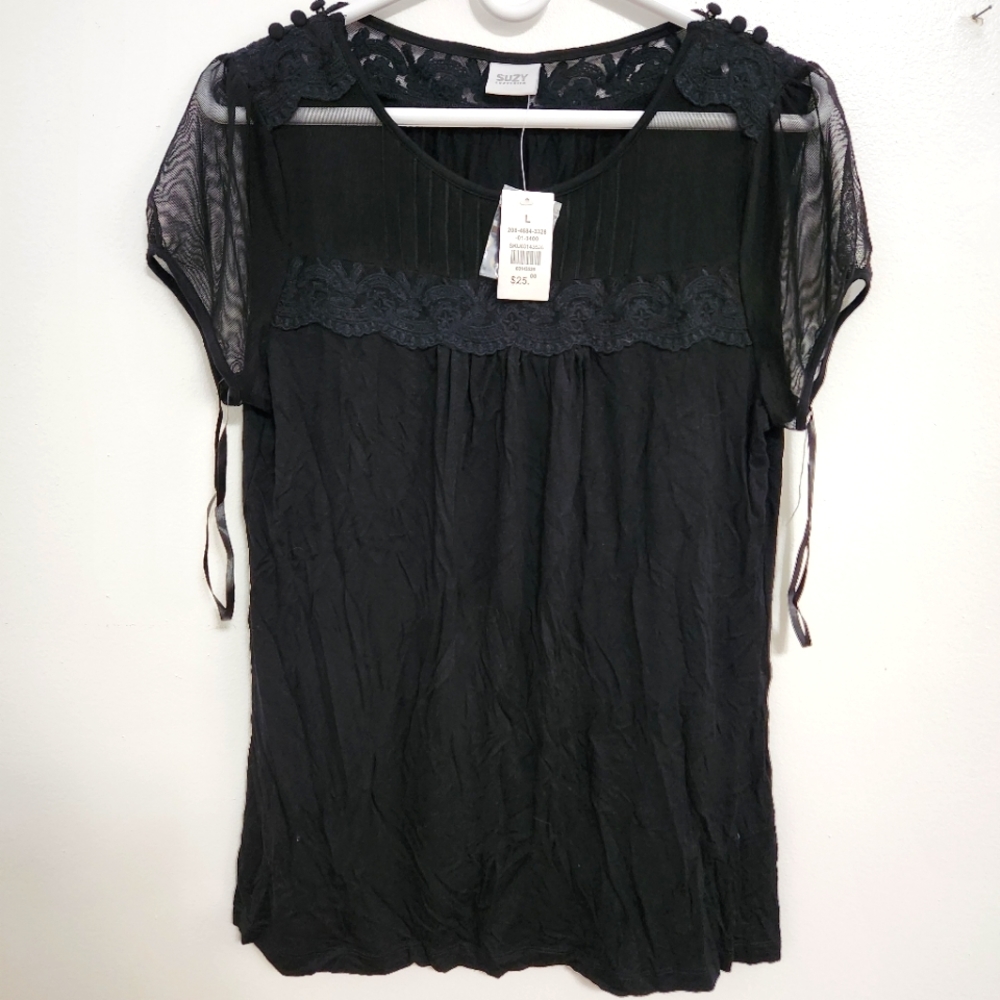 Suzy Shier • Black T-Shirt with Sheer Top, size L, NEW